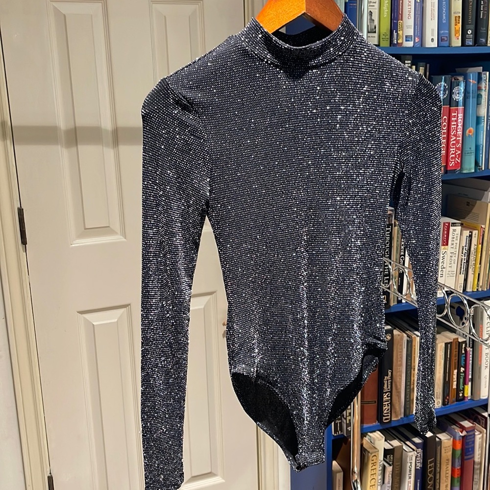 Forever 21 Glittery Silver and Black Bodysuit Size S